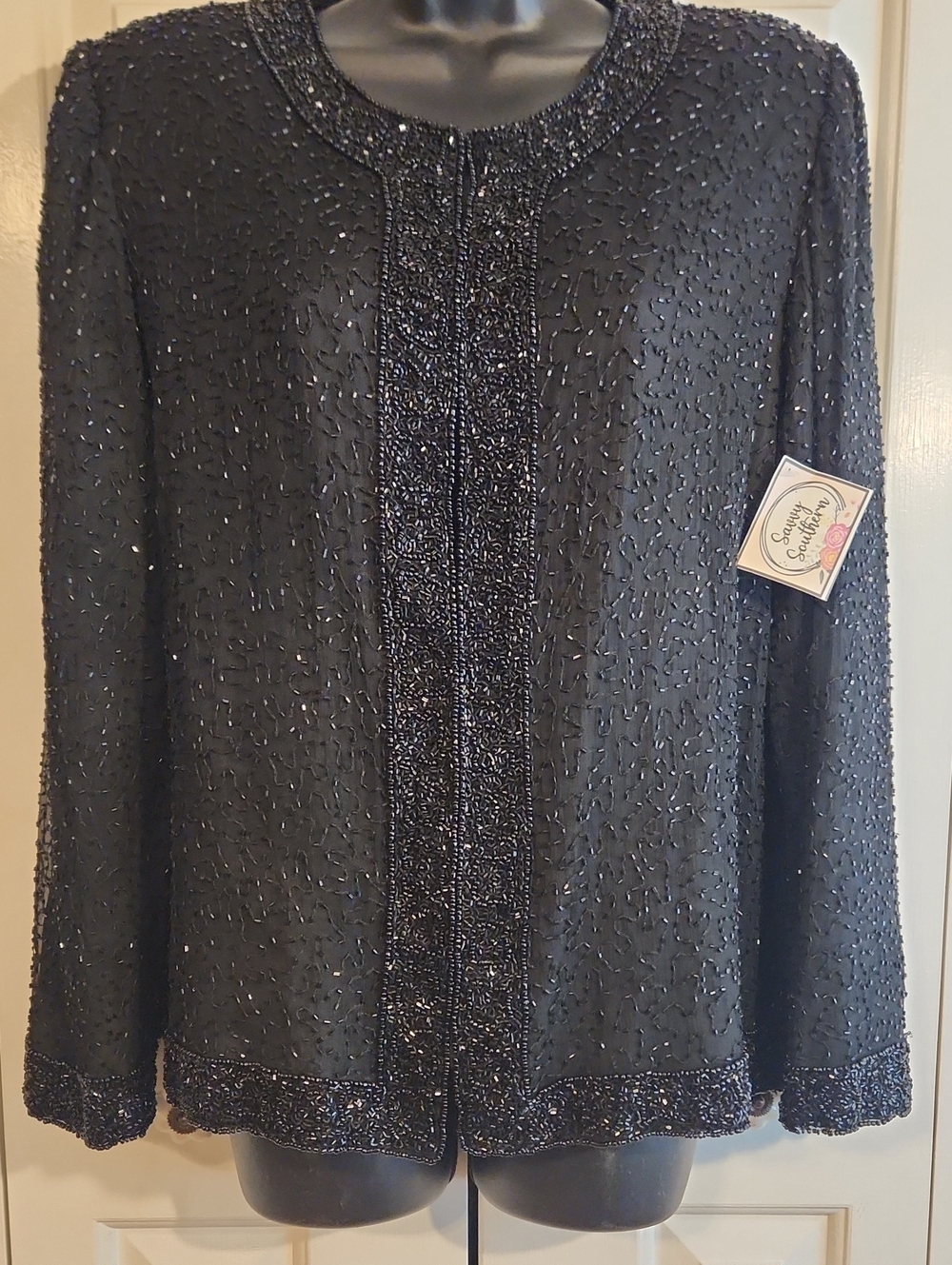 Beaded Black Evening Jacket - Womens Petite L - Brand: Laurence Kazar